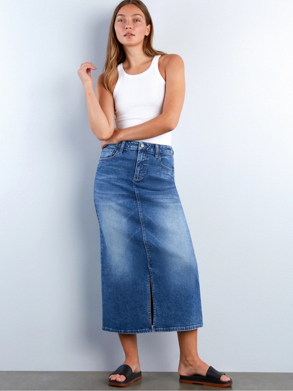 Chico’s Denim Stretch Boho Front Slit 90s Grunge Minimalist CBK Maxi Skirt XL - Picture 1 of 10